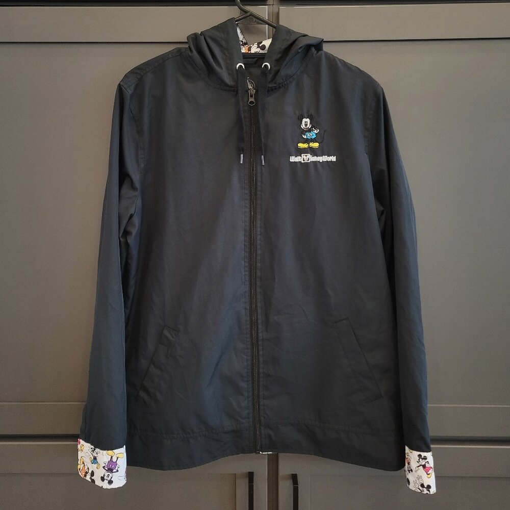 Disney Parks Park Mickey Mouse Windbreaker Black Hooded Zip Rain Jacket L